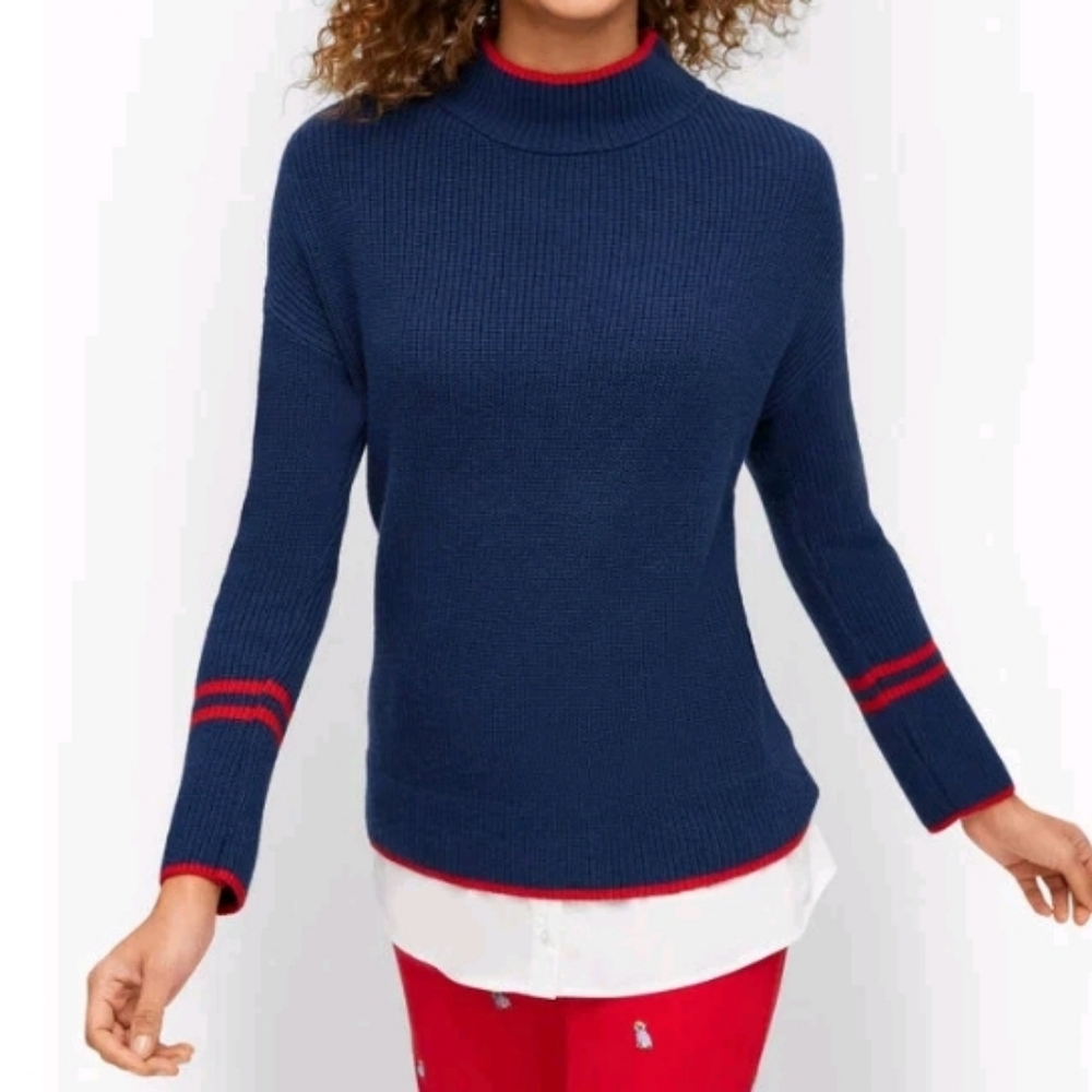 Talbots Layer Look Mock Neck Sweater Woven Hem